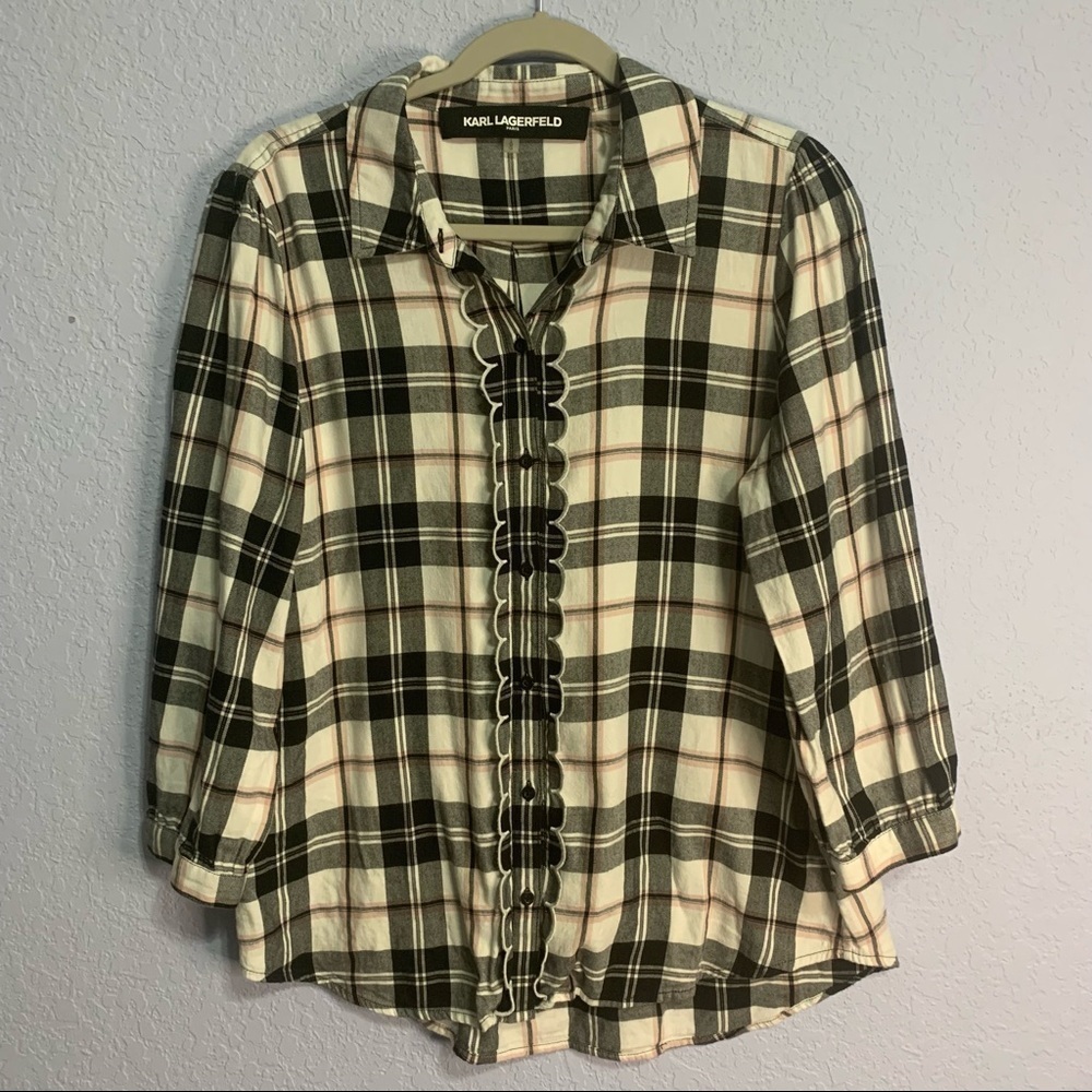 Karl Lagerfeld Plaid Button Up Ruffle 3/4 Sleeves Top
